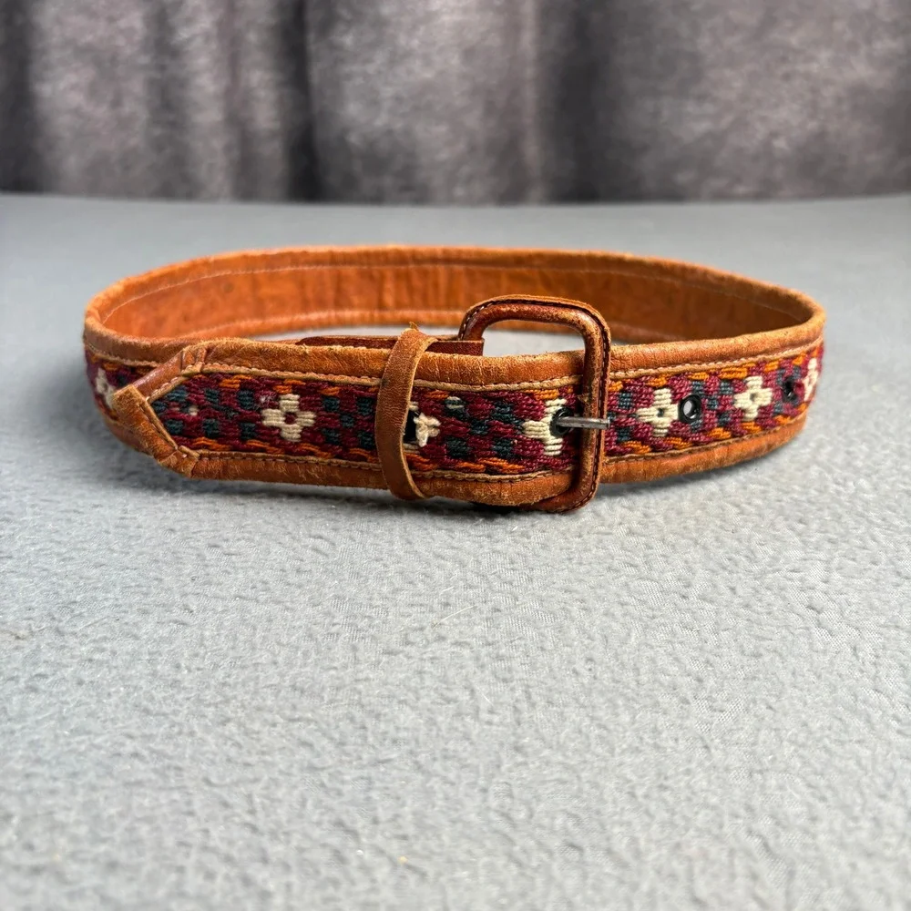 Vintage Southwestern Woven Textile Leather Belt Brown Boho Geometric 36 Inch